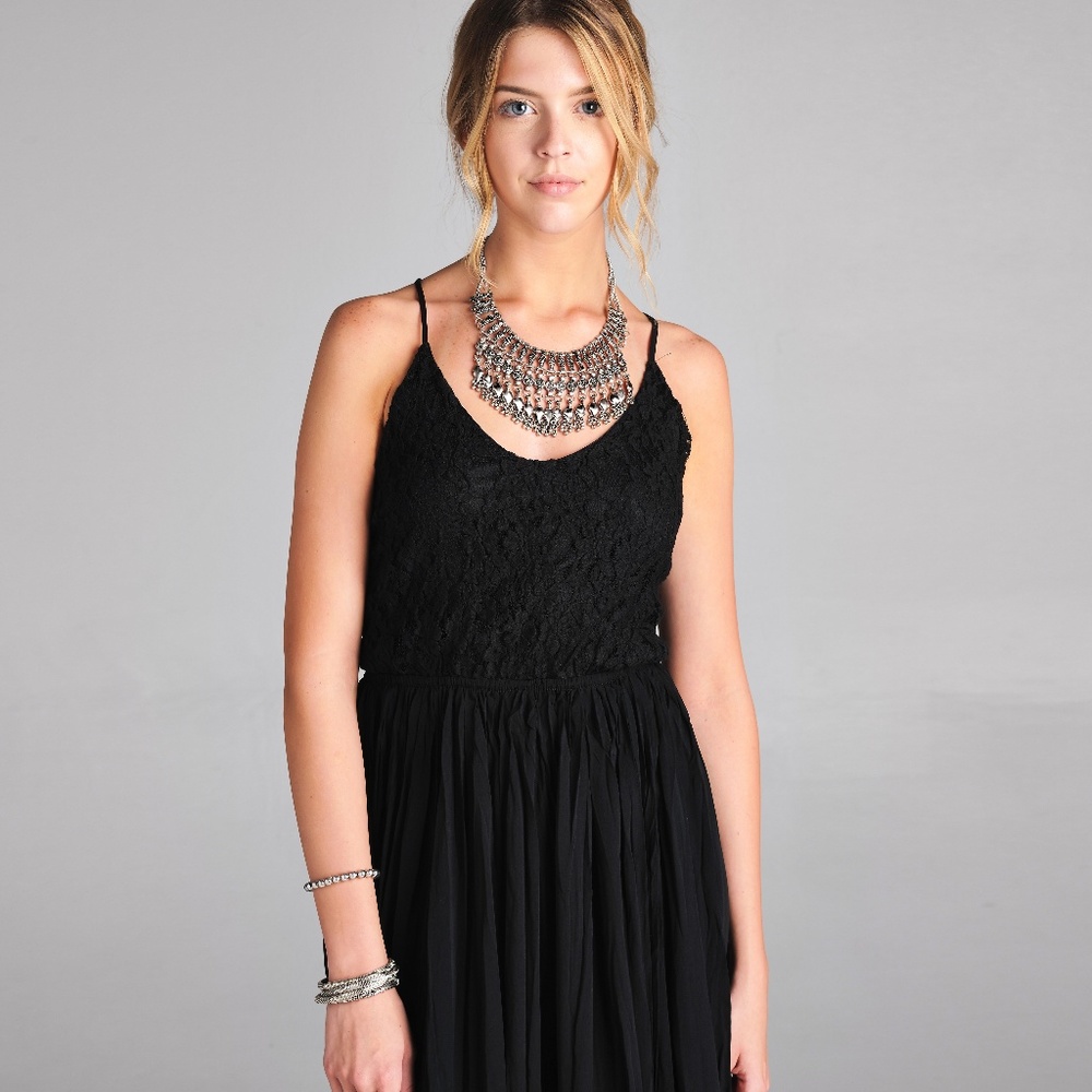 Black Lace Bodice Crinkle Bottom Maxi Dress